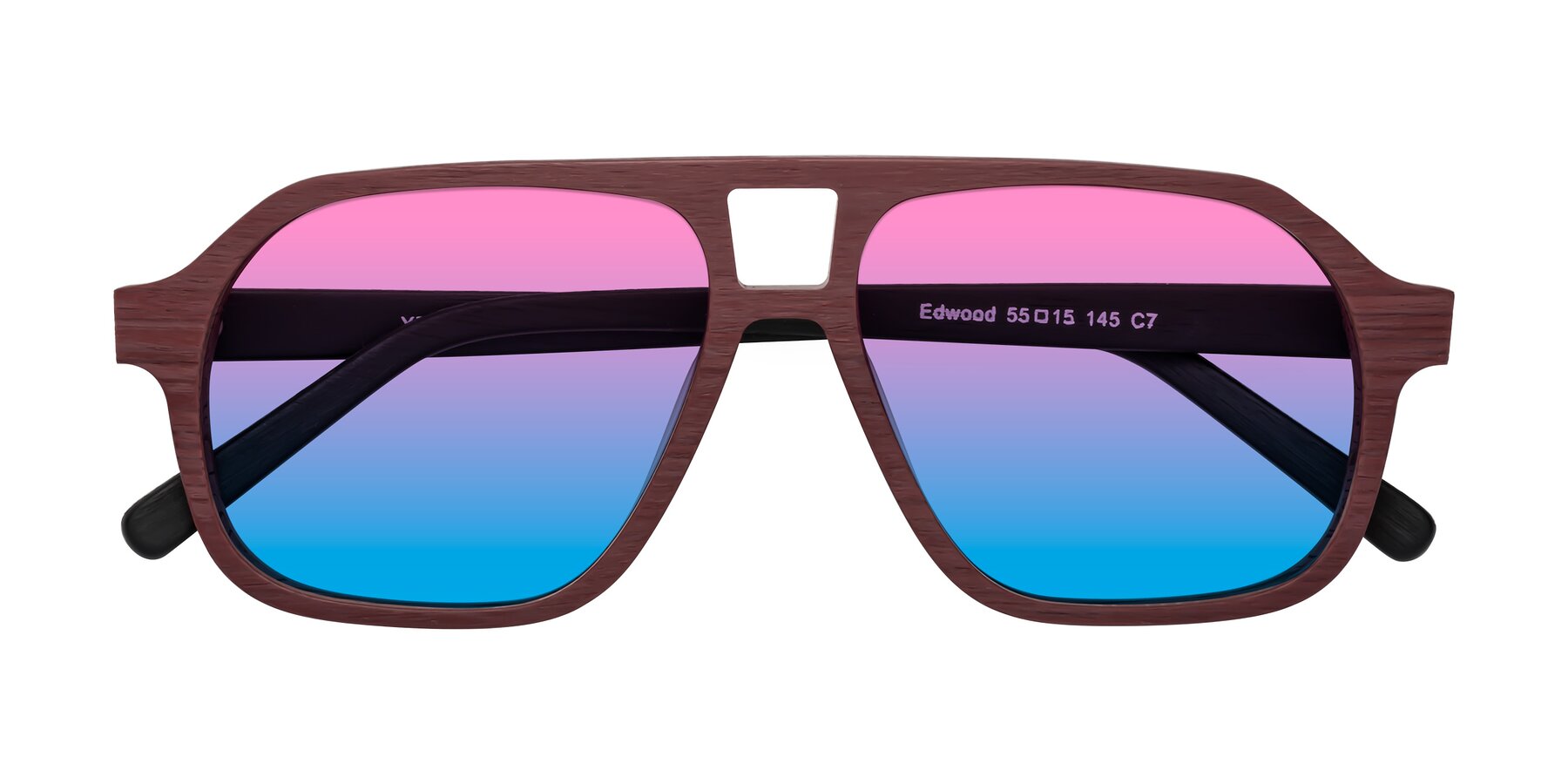 Folded Front of Edwood in Burgundy-Black Woodgrain with Pink / Blue Gradient Lenses