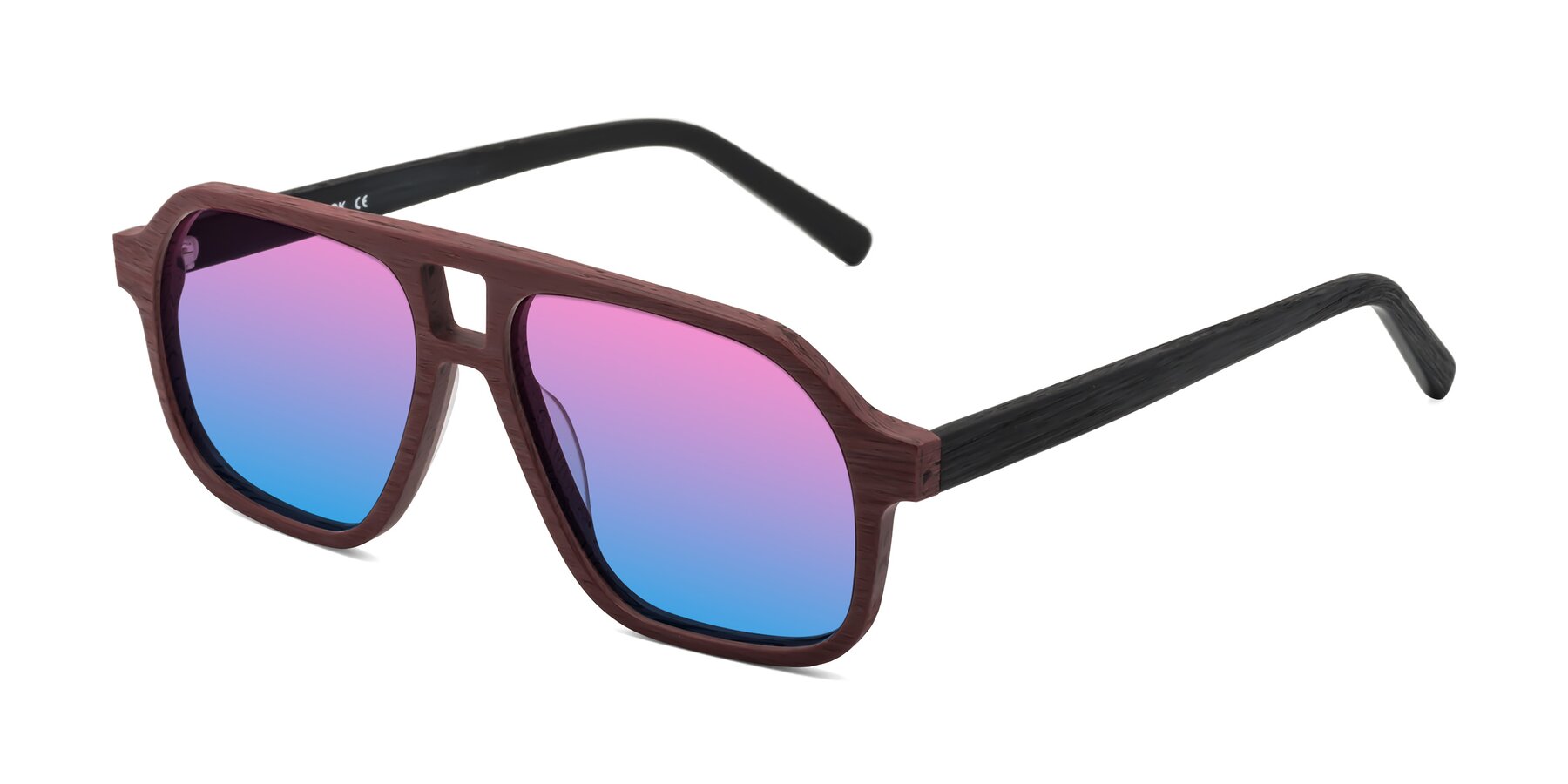 Angle of Edwood in Burgundy-Black Woodgrain with Pink / Blue Gradient Lenses