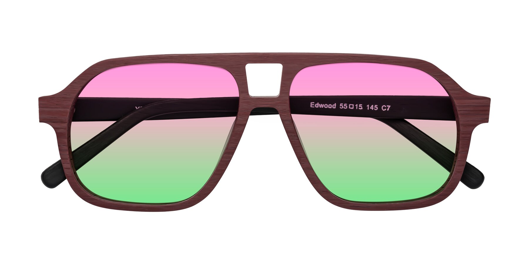 Folded Front of Edwood in Burgundy-Black Woodgrain with Pink / Green Gradient Lenses