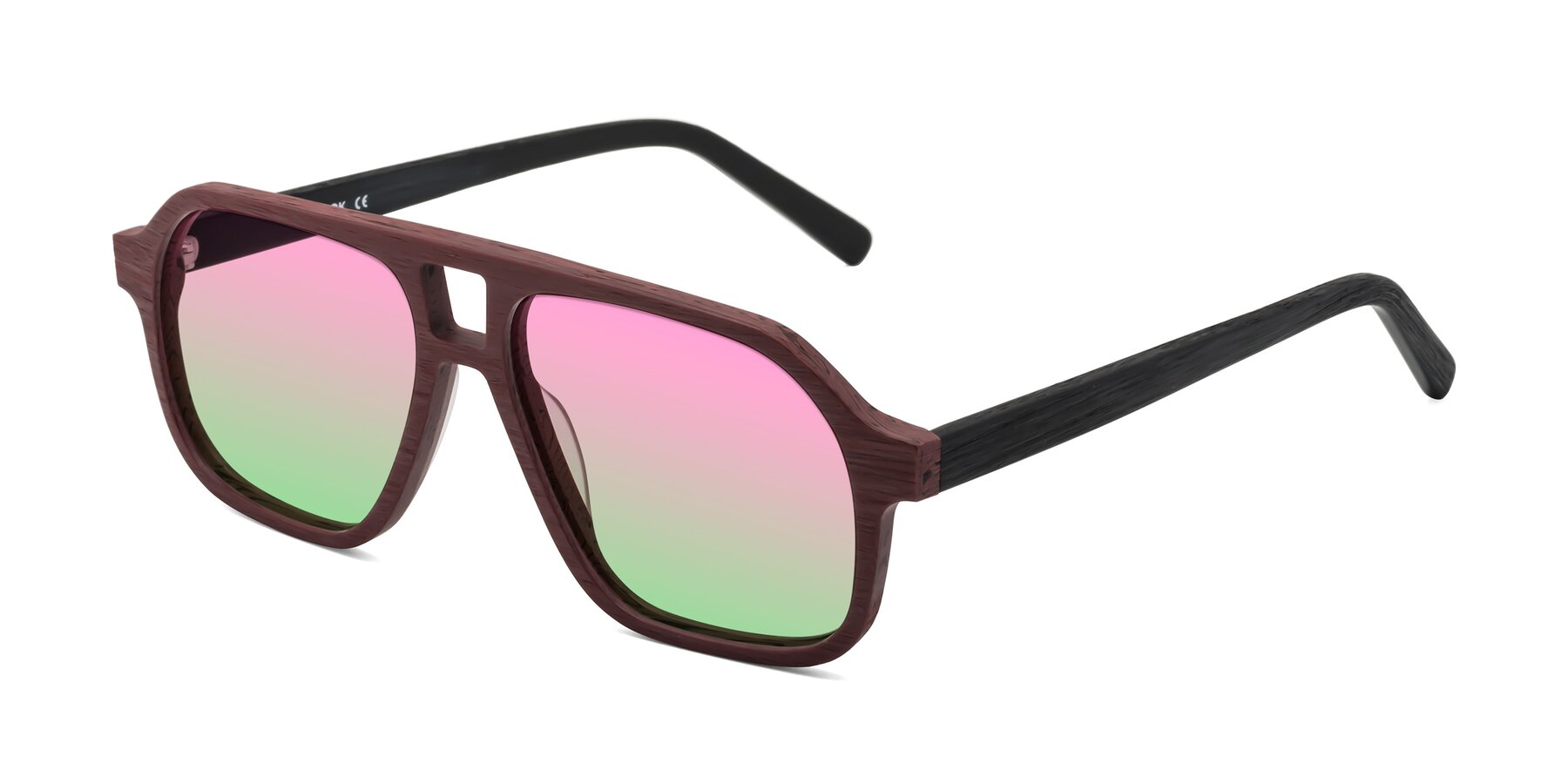 Angle of Edwood in Burgundy-Black Woodgrain with Pink / Green Gradient Lenses