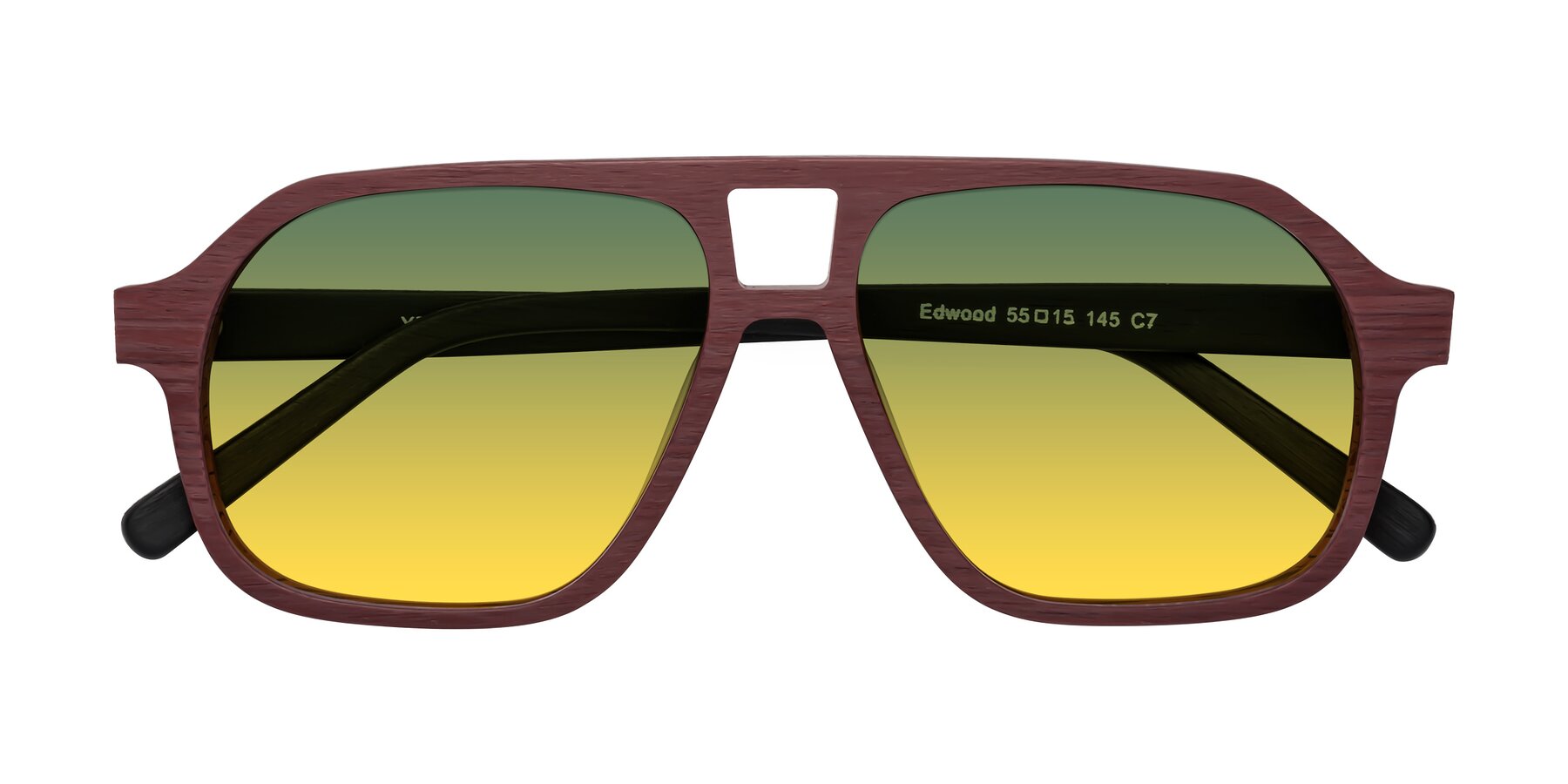 Folded Front of Edwood in Burgundy-Black Woodgrain with Green / Yellow Gradient Lenses