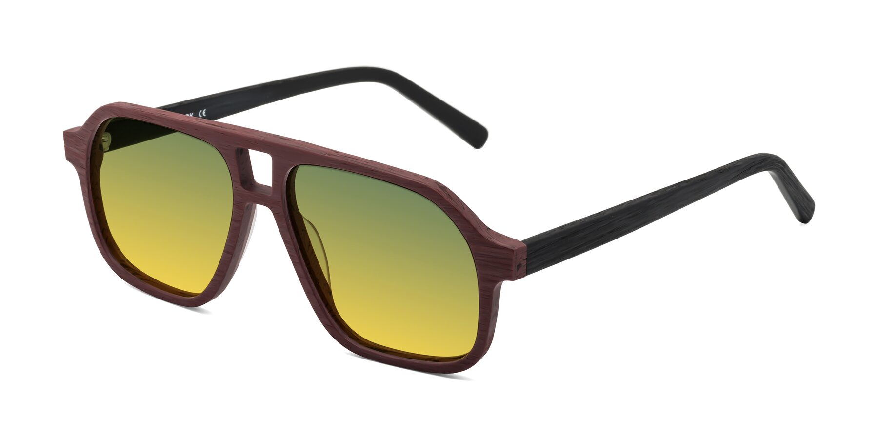 Angle of Edwood in Burgundy-Black Woodgrain with Green / Yellow Gradient Lenses