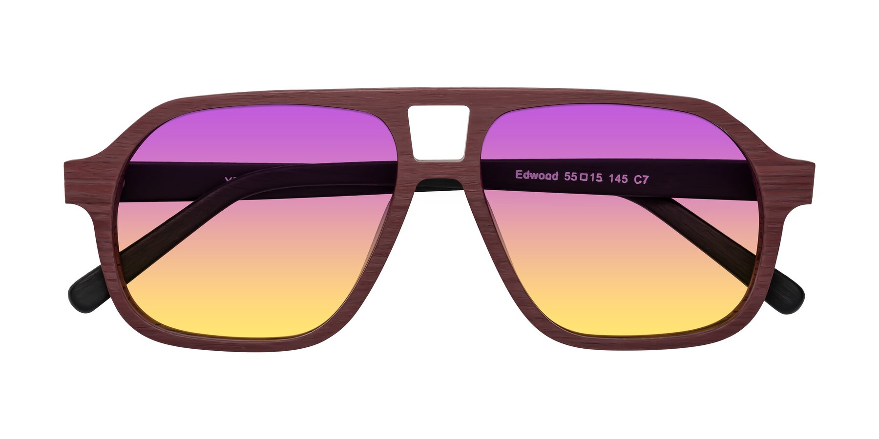 Folded Front of Edwood in Burgundy-Black Woodgrain with Purple / Yellow Gradient Lenses