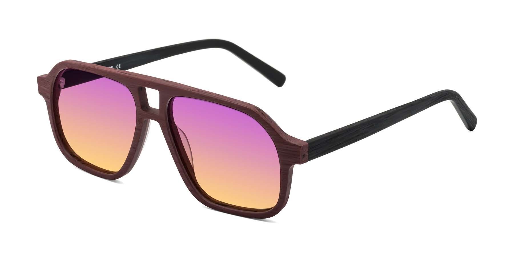 Angle of Edwood in Burgundy-Black Woodgrain with Purple / Yellow Gradient Lenses