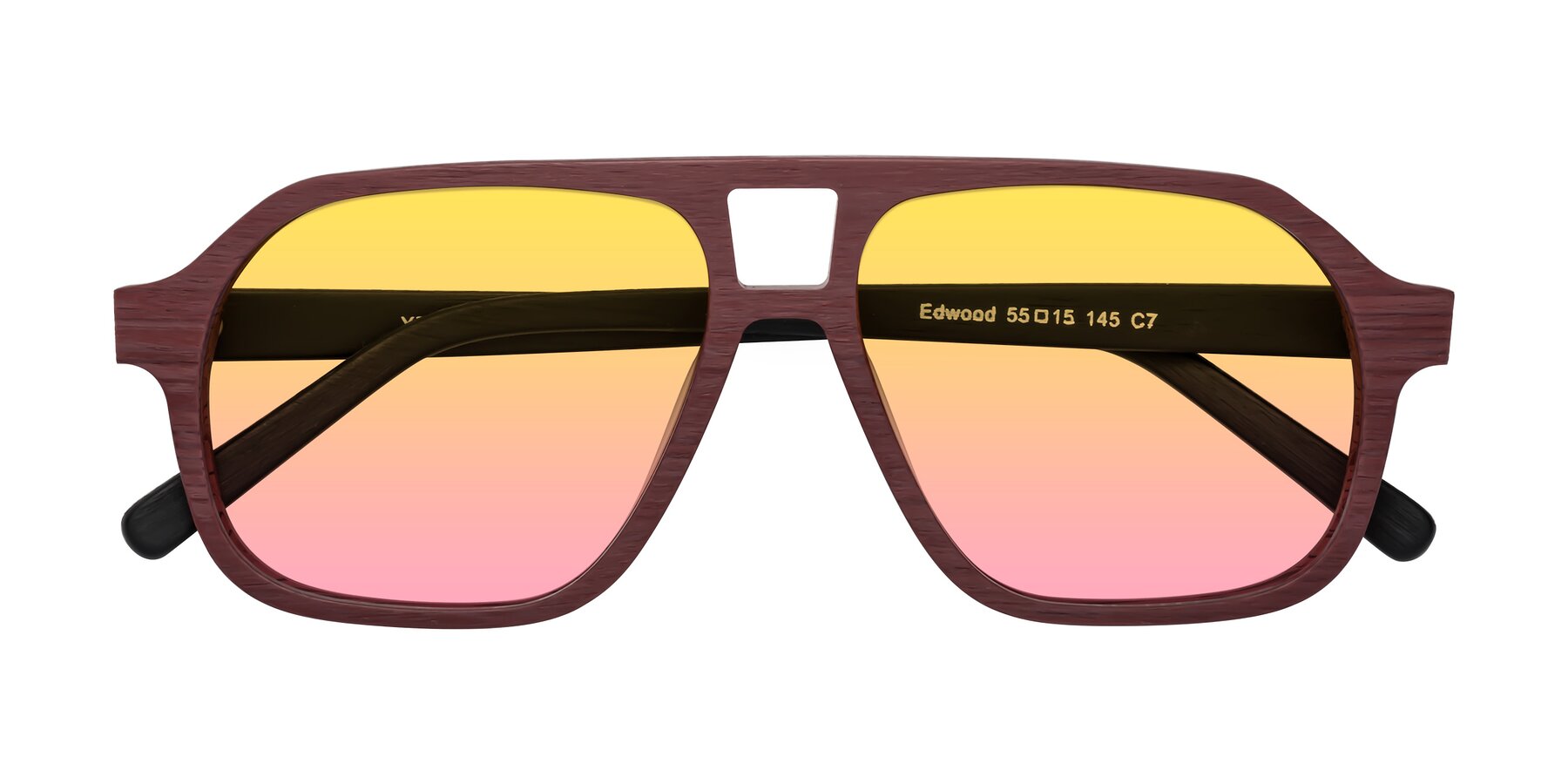 Folded Front of Edwood in Burgundy-Black Woodgrain with Yellow / Pink Gradient Lenses