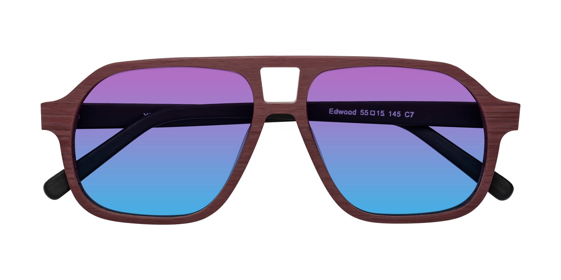 Folded Front of Edwood in Burgundy-Black Woodgrain with Purple / Blue Gradient Lenses