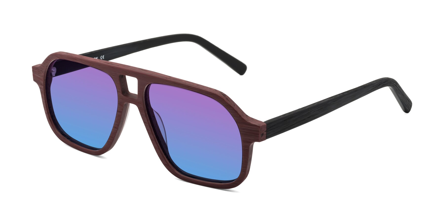 Angle of Edwood in Burgundy-Black Woodgrain with Purple / Blue Gradient Lenses