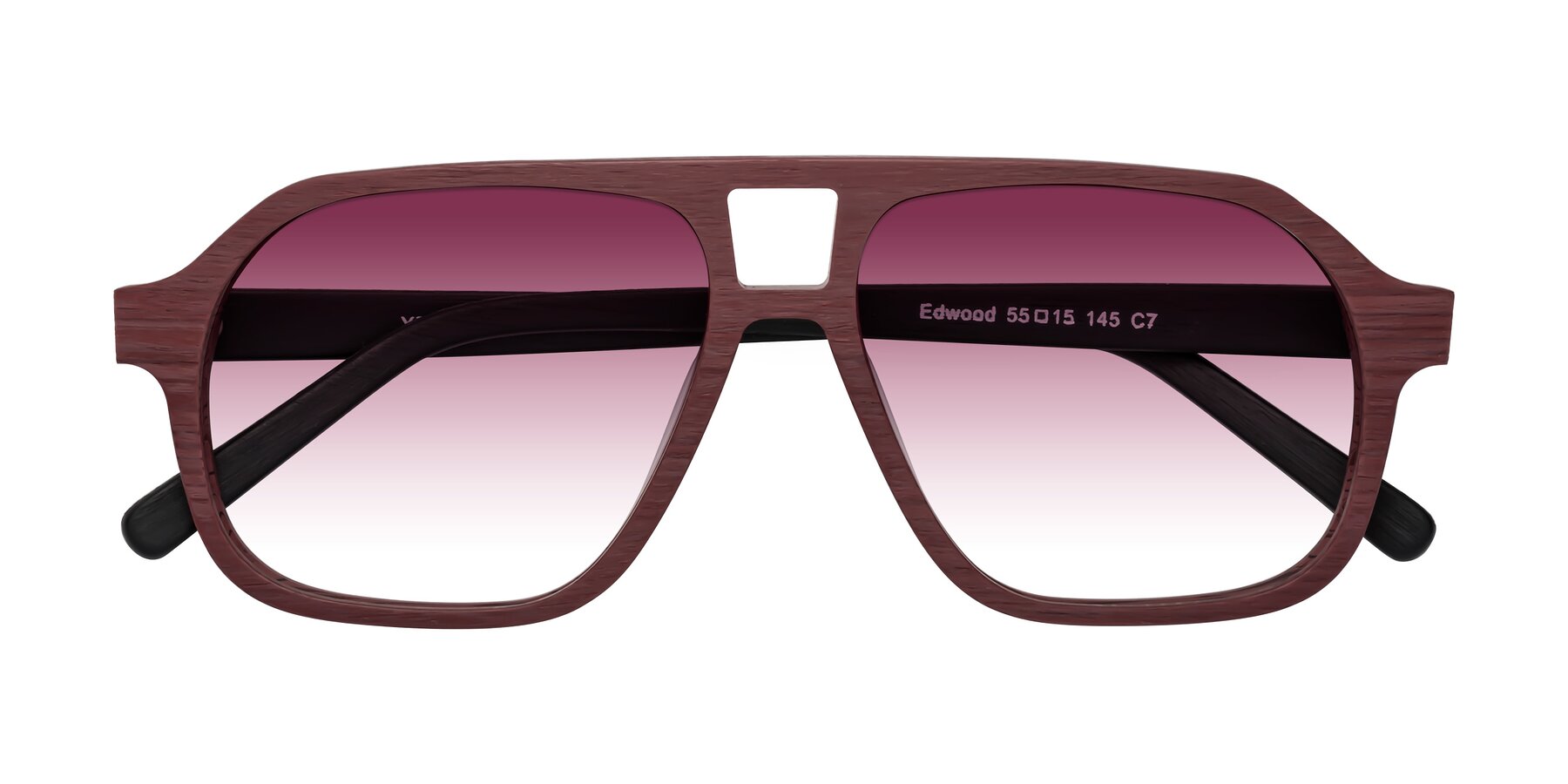 Folded Front of Edwood in Burgundy-Black Woodgrain with Wine Gradient Lenses