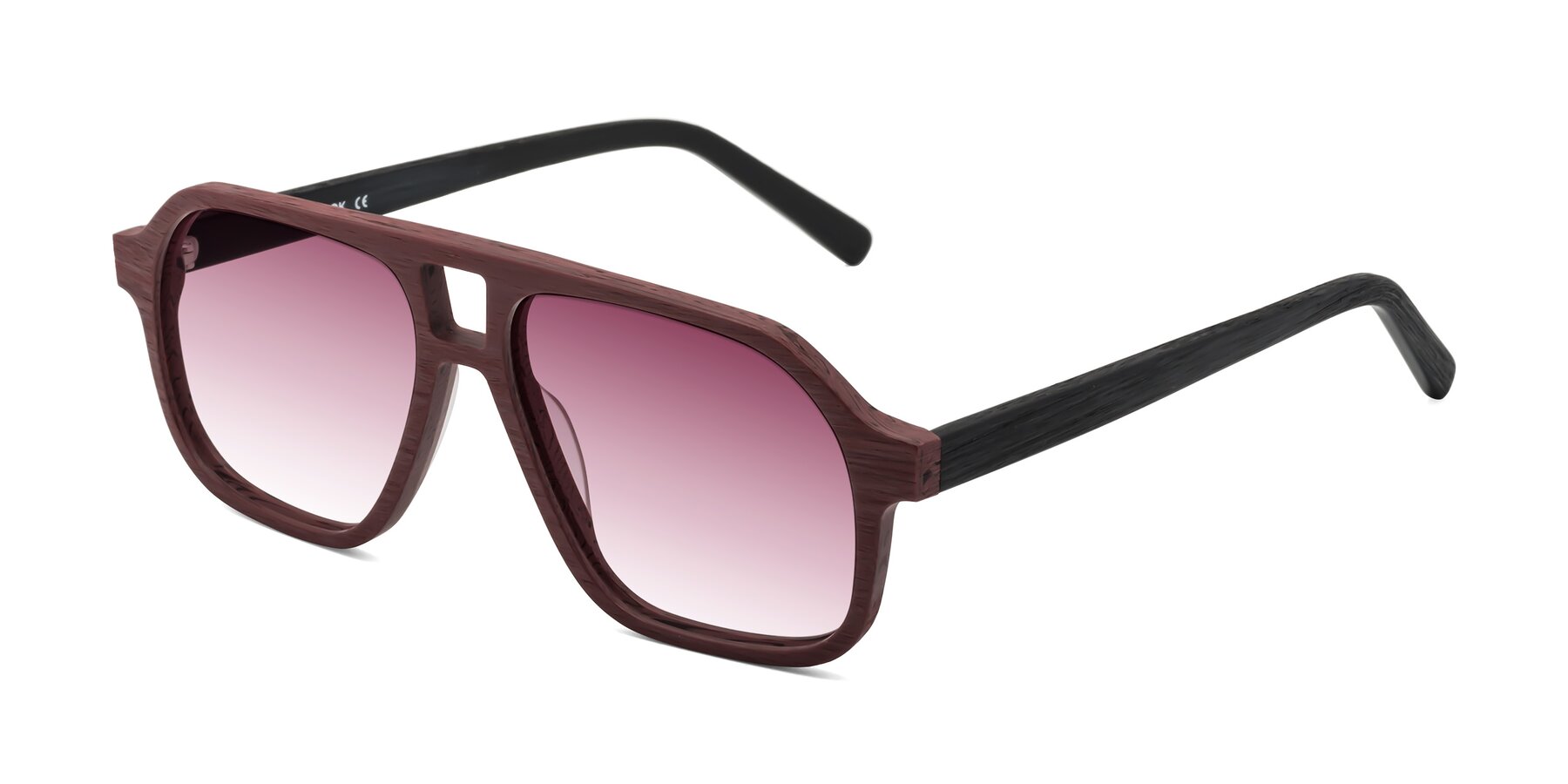 Angle of Edwood in Burgundy-Black Woodgrain with Wine Gradient Lenses