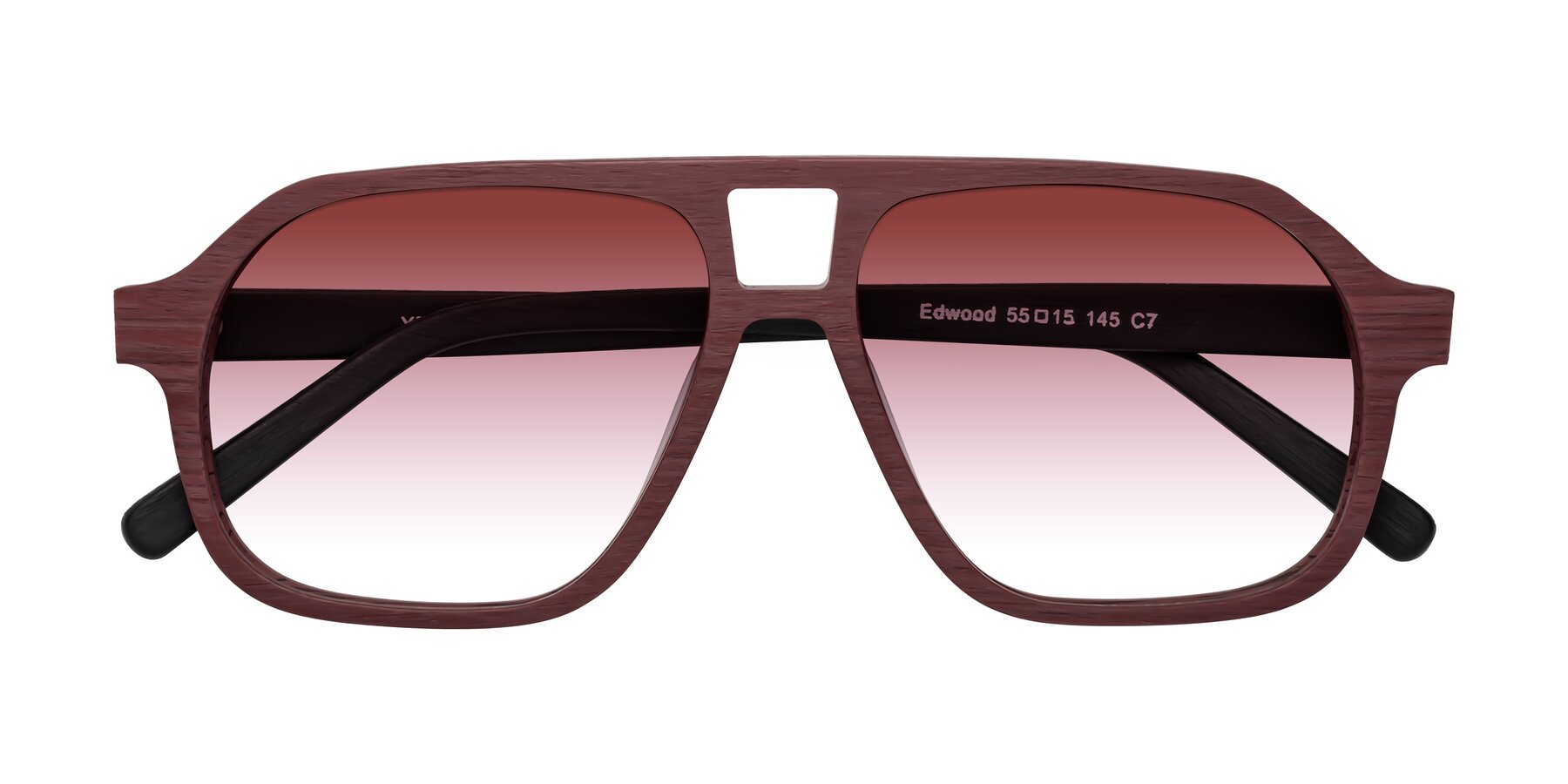 Folded Front of Edwood in Burgundy-Black Woodgrain with Garnet Gradient Lenses