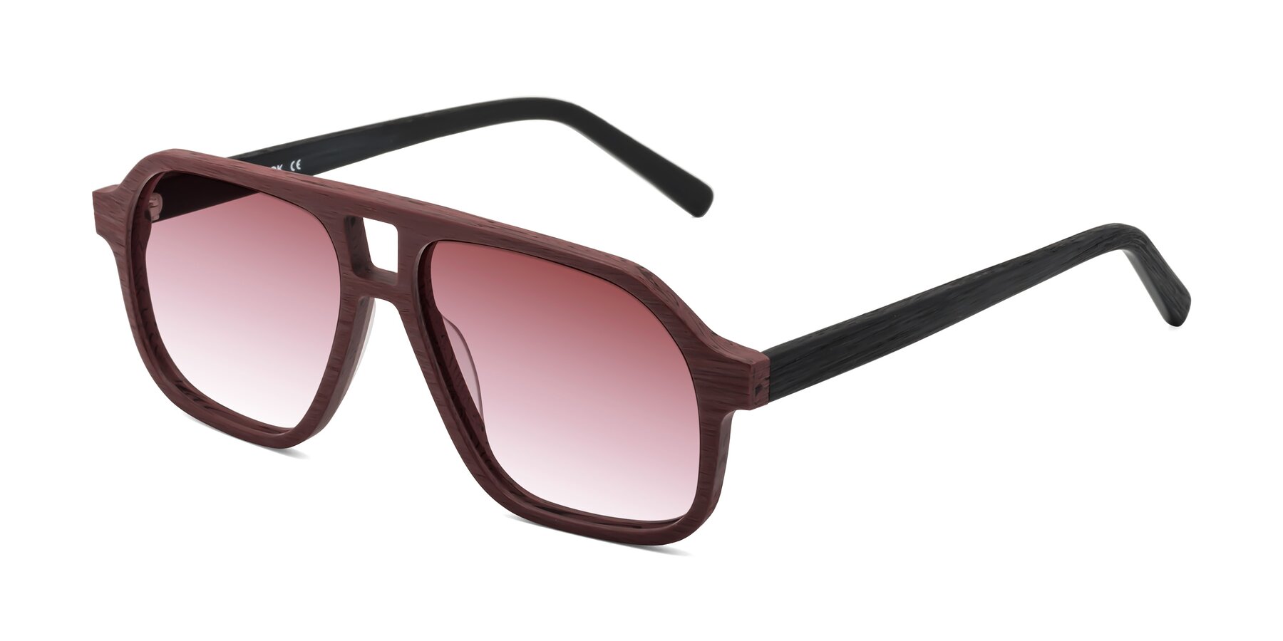 Angle of Edwood in Burgundy-Black Woodgrain with Garnet Gradient Lenses