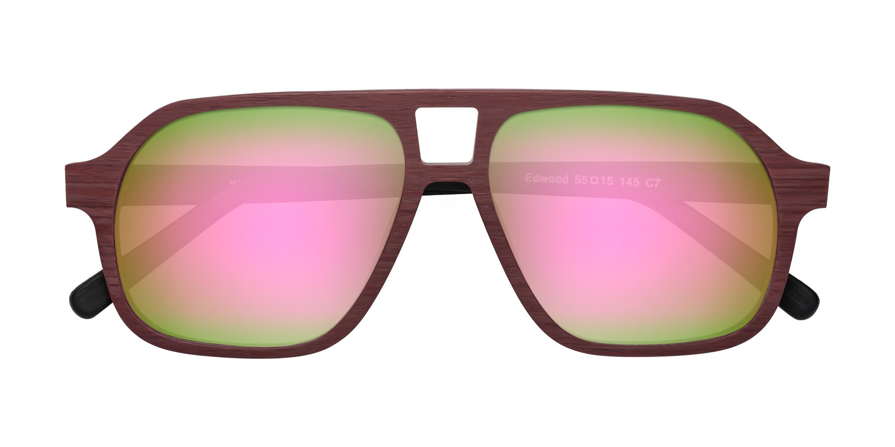 Folded Front of Edwood in Burgundy-Black Woodgrain with Pink Mirrored Lenses