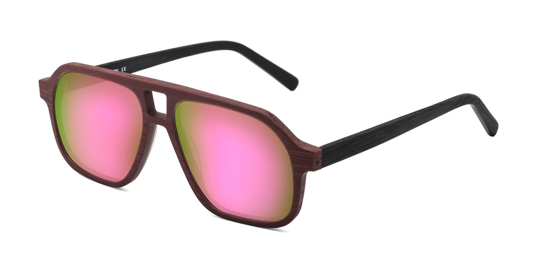 Angle of Edwood in Burgundy-Black Woodgrain with Pink Mirrored Lenses