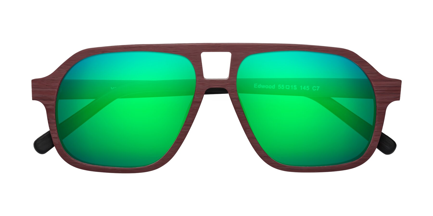 Folded Front of Edwood in Burgundy-Black Woodgrain with Green Mirrored Lenses