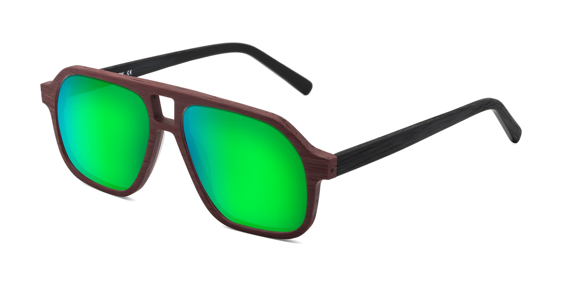 Angle of Edwood in Burgundy-Black Woodgrain with Green Mirrored Lenses