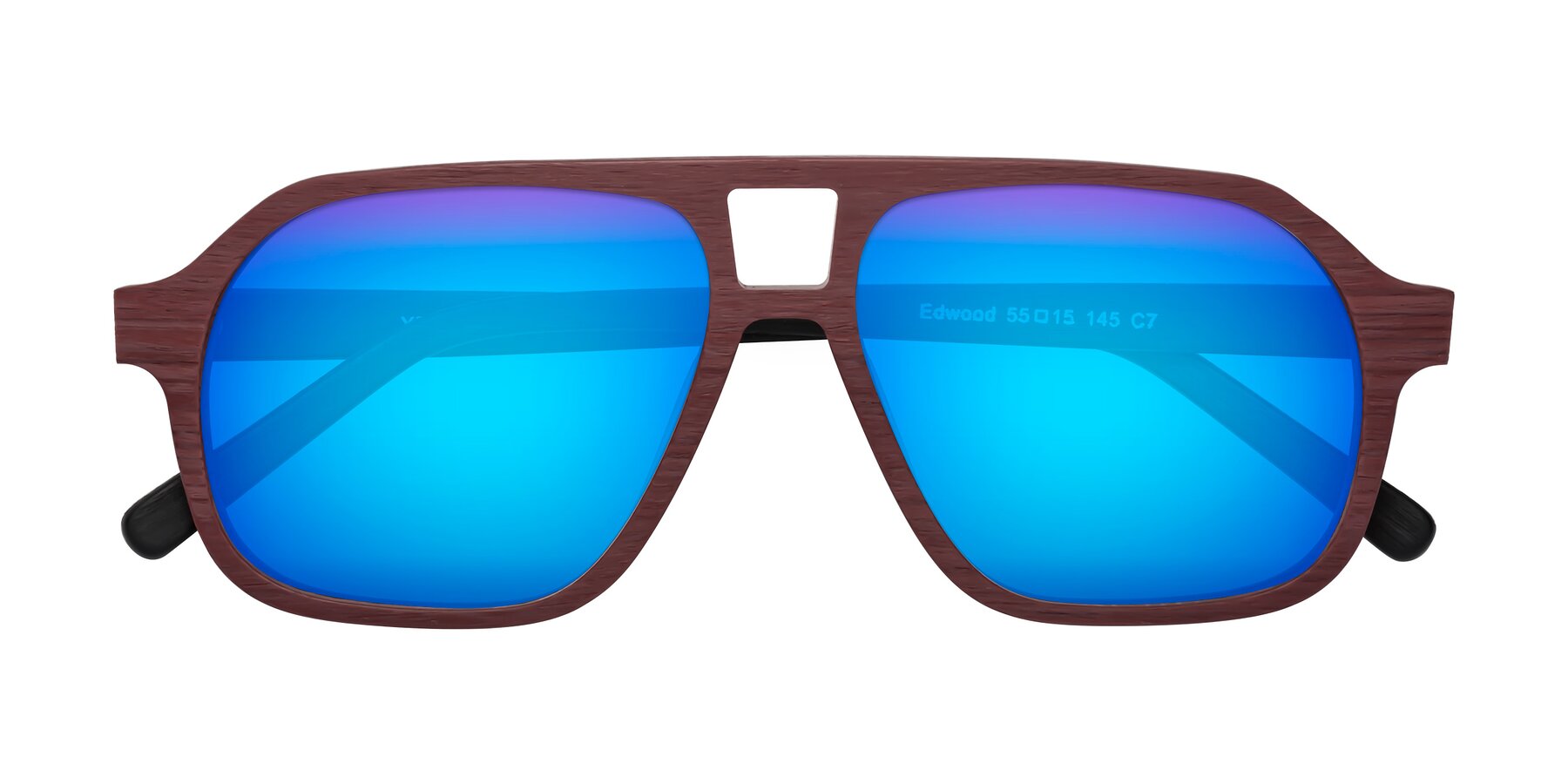 Folded Front of Edwood in Burgundy-Black Woodgrain with Blue Mirrored Lenses