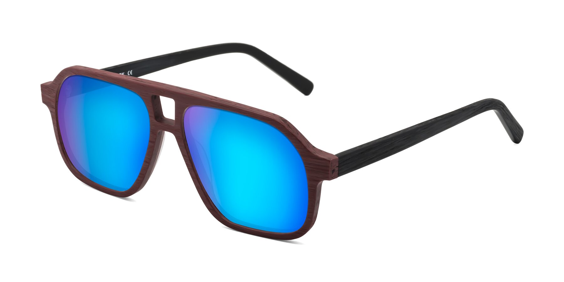 Angle of Edwood in Burgundy-Black Woodgrain with Blue Mirrored Lenses