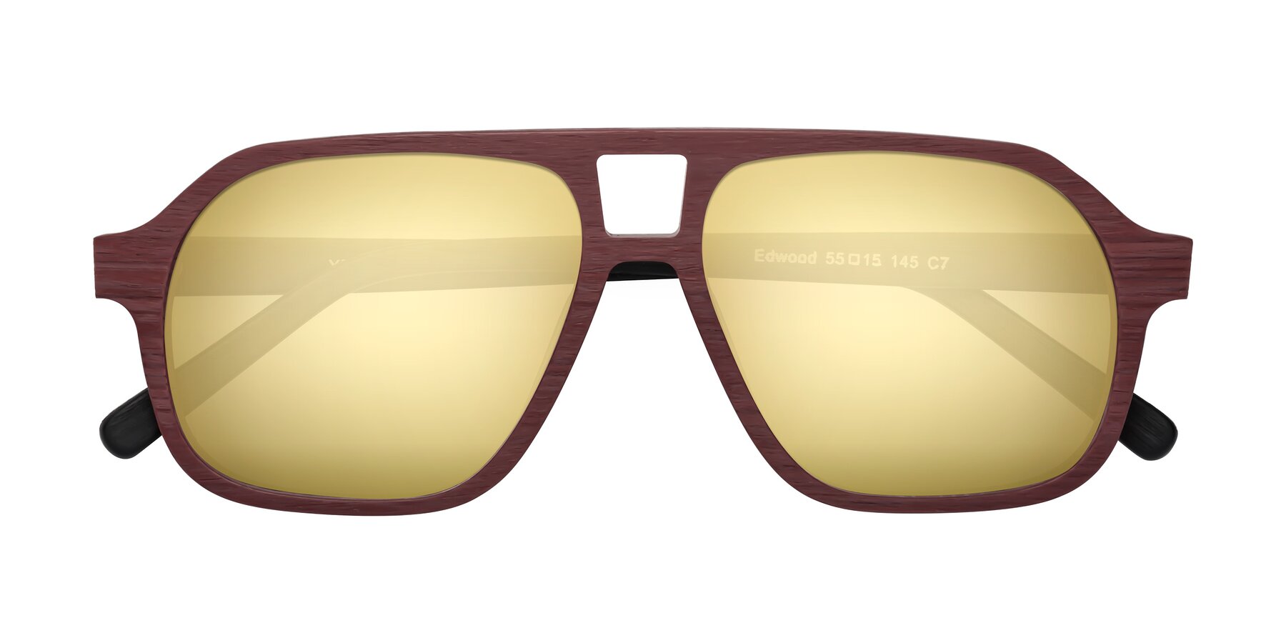 Folded Front of Edwood in Burgundy-Black Woodgrain with Gold Mirrored Lenses