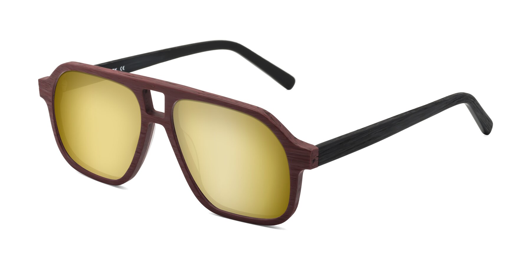 Angle of Edwood in Burgundy-Black Woodgrain with Gold Mirrored Lenses