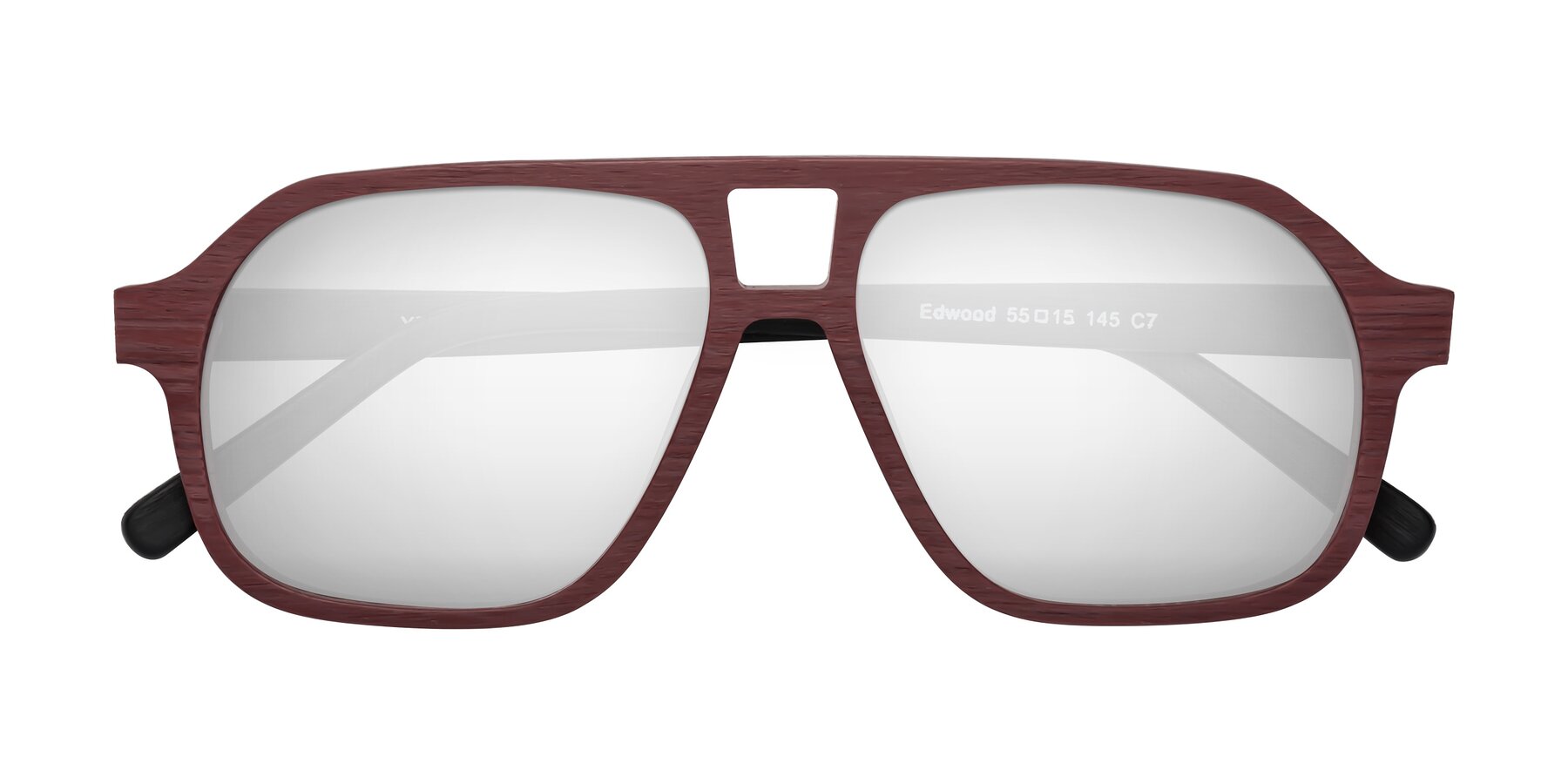 Folded Front of Edwood in Burgundy-Black Woodgrain with Silver Mirrored Lenses