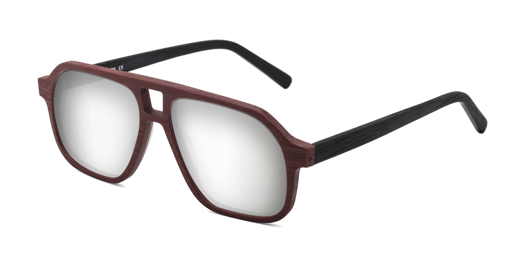 Angle of Edwood in Burgundy-Black Woodgrain with Silver Mirrored Lenses