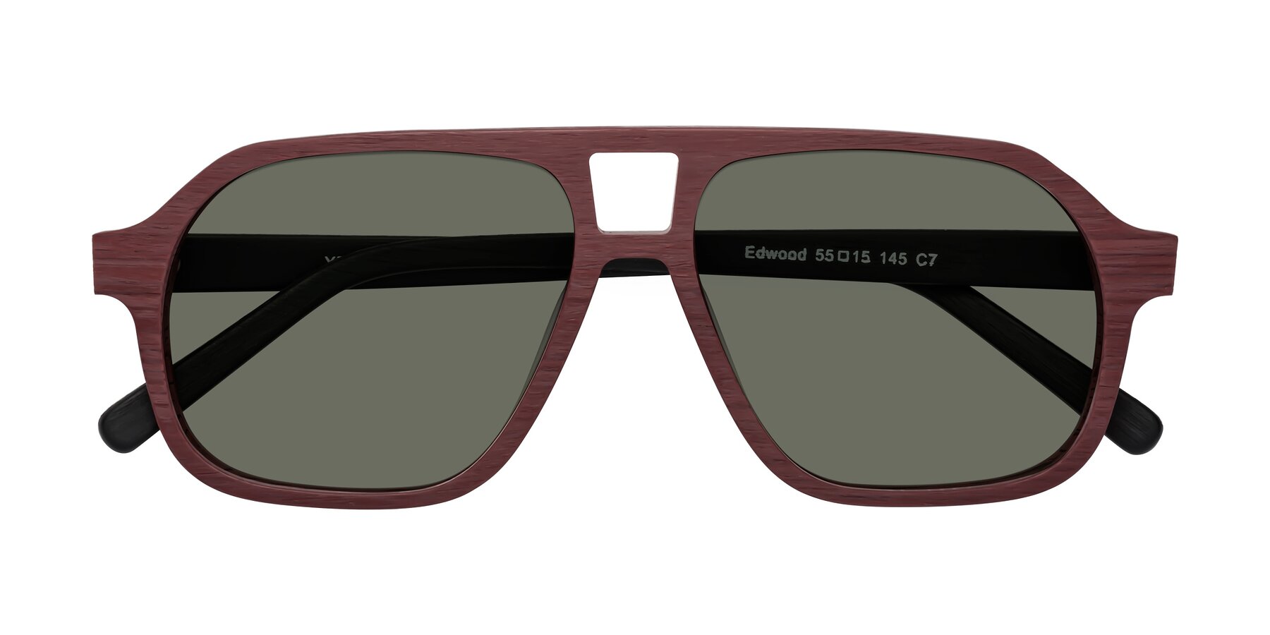 Folded Front of Edwood in Burgundy-Black Woodgrain with Gray Polarized Lenses