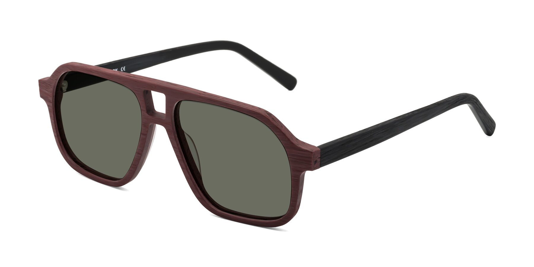 Angle of Edwood in Burgundy-Black Woodgrain with Gray Polarized Lenses