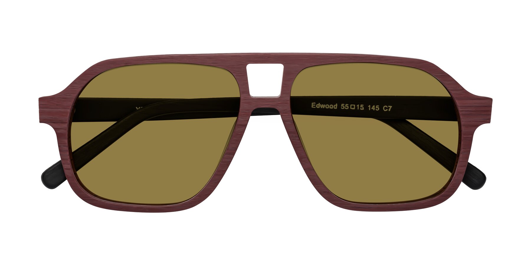 Folded Front of Edwood in Burgundy-Black Woodgrain with Brown Polarized Lenses