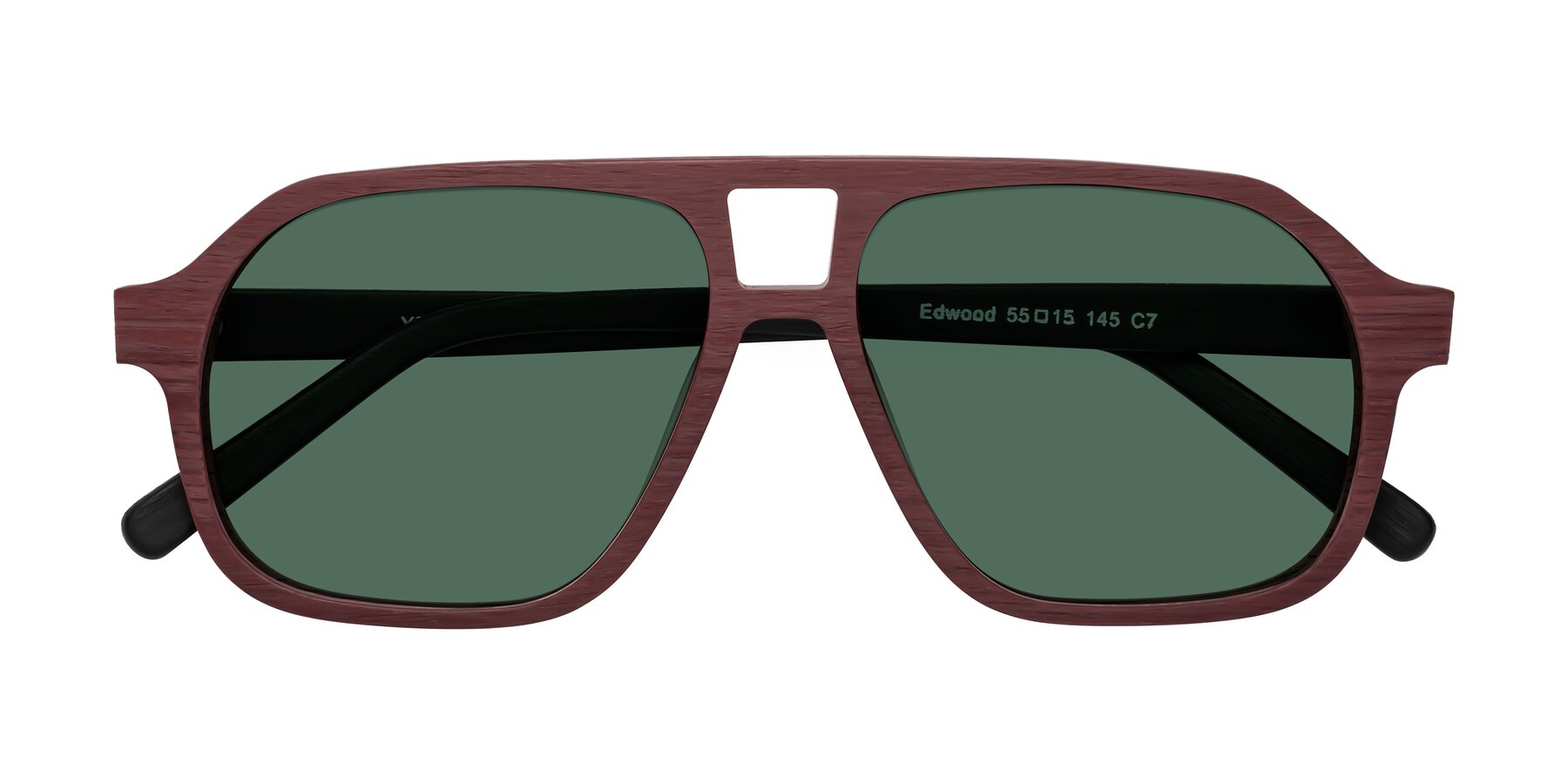 Folded Front of Edwood in Burgundy-Black Woodgrain with Green Polarized Lenses