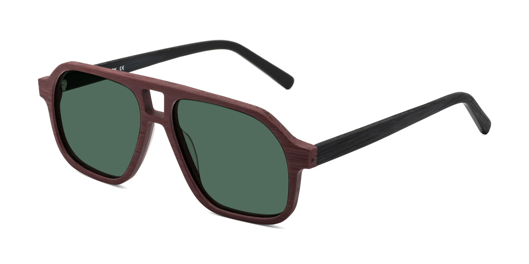 Angle of Edwood in Burgundy-Black Woodgrain with Green Polarized Lenses