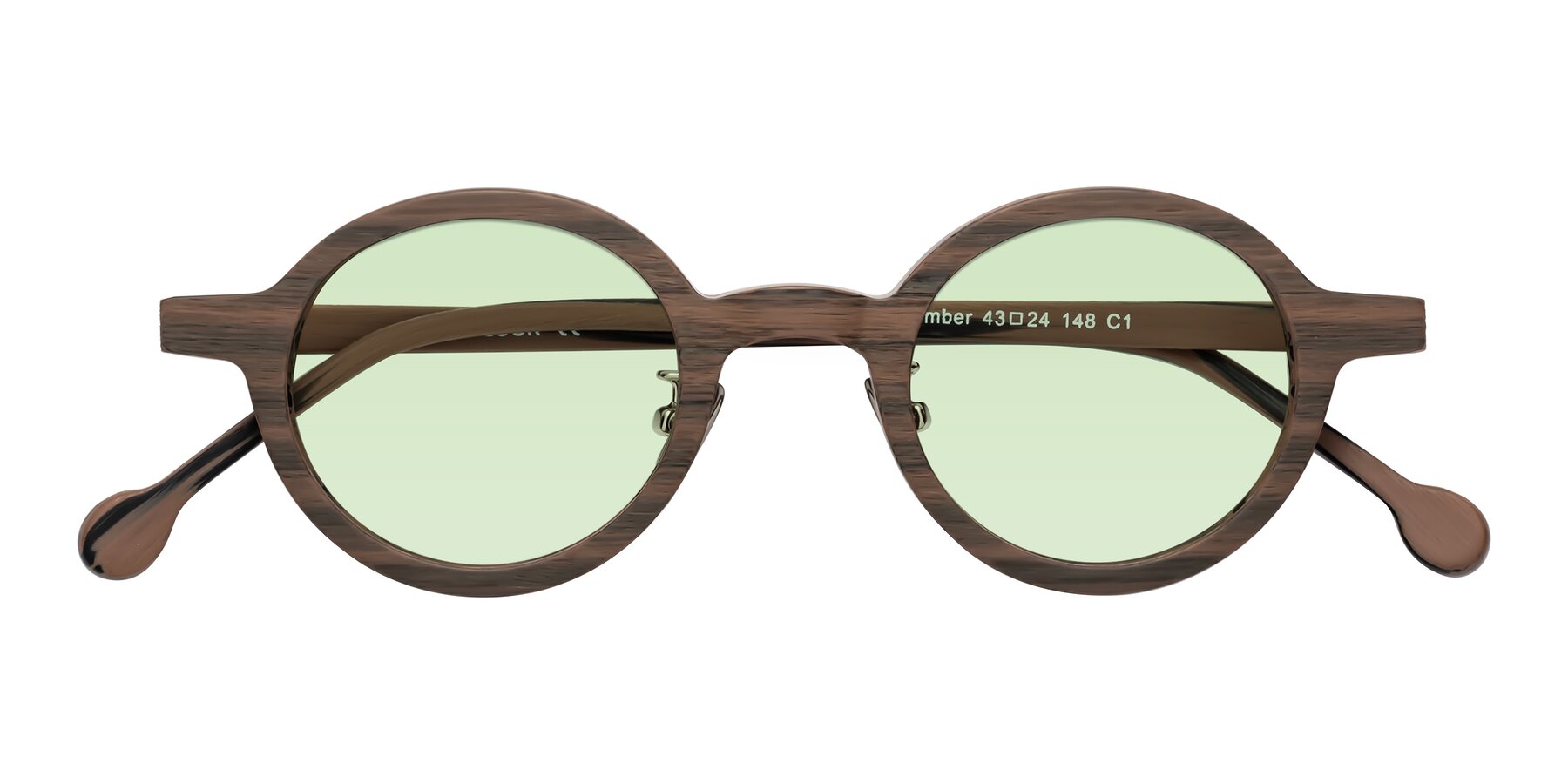 Folded Front of Timber in Burnt Tan Woodgrain with Light Green Tinted Lenses