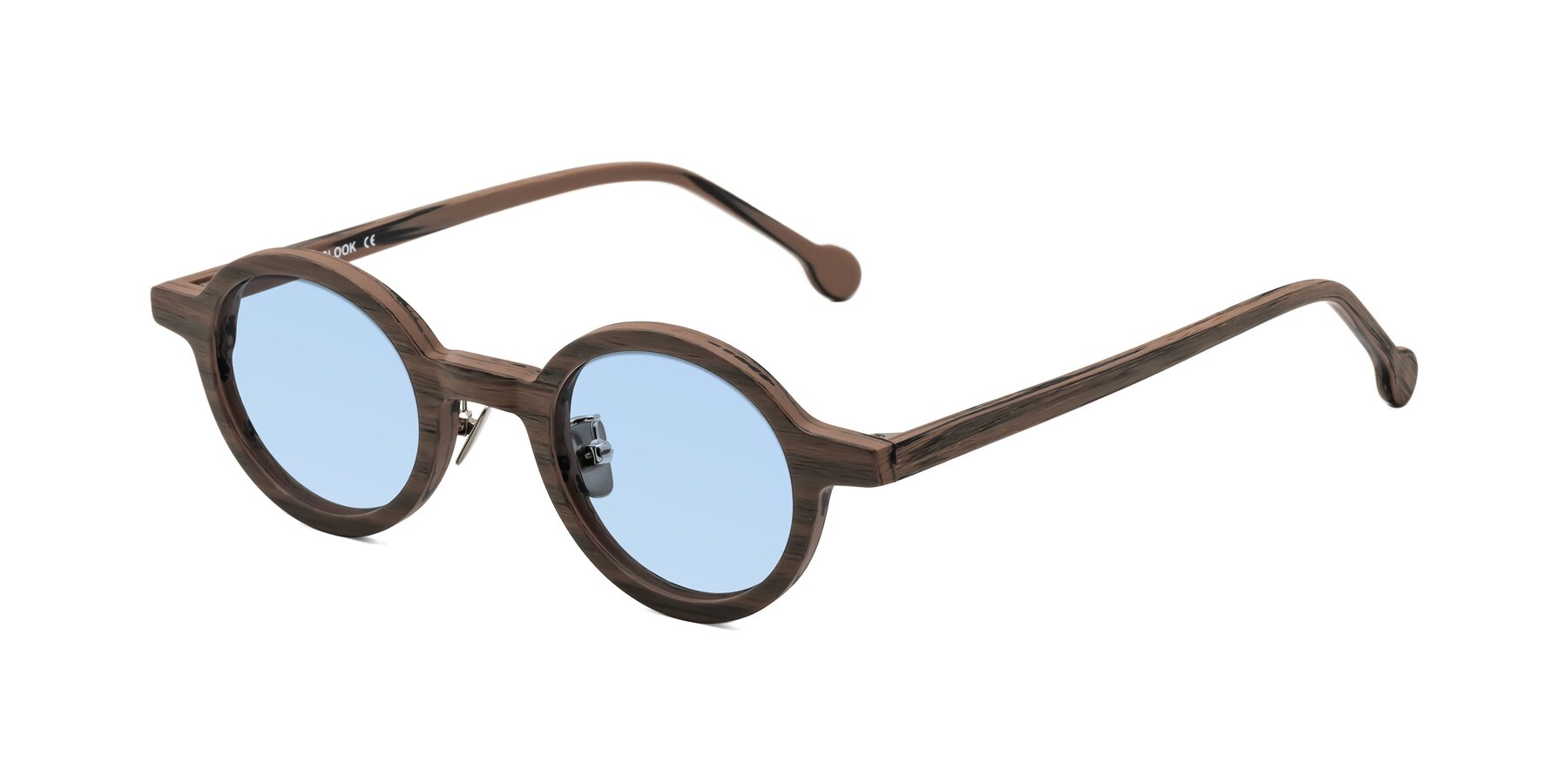 Angle of Timber in Burnt Tan Woodgrain with Light Blue Tinted Lenses