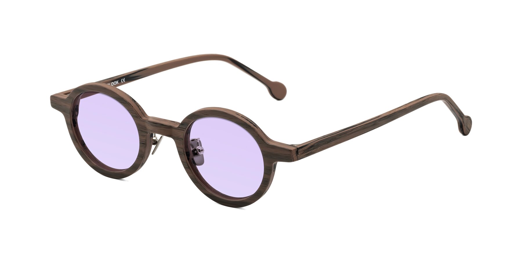 Angle of Timber in Burnt Tan Woodgrain with Light Purple Tinted Lenses