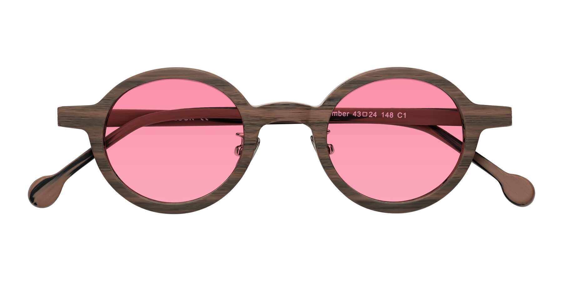 Folded Front of Timber in Burnt Tan Woodgrain with Pink Tinted Lenses