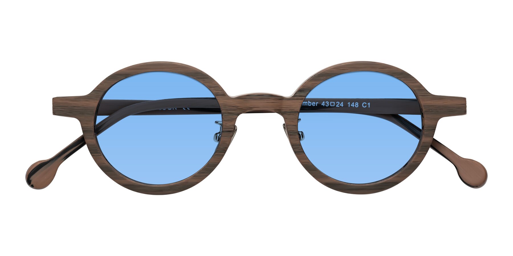 Folded Front of Timber in Burnt Tan Woodgrain with Medium Blue Tinted Lenses