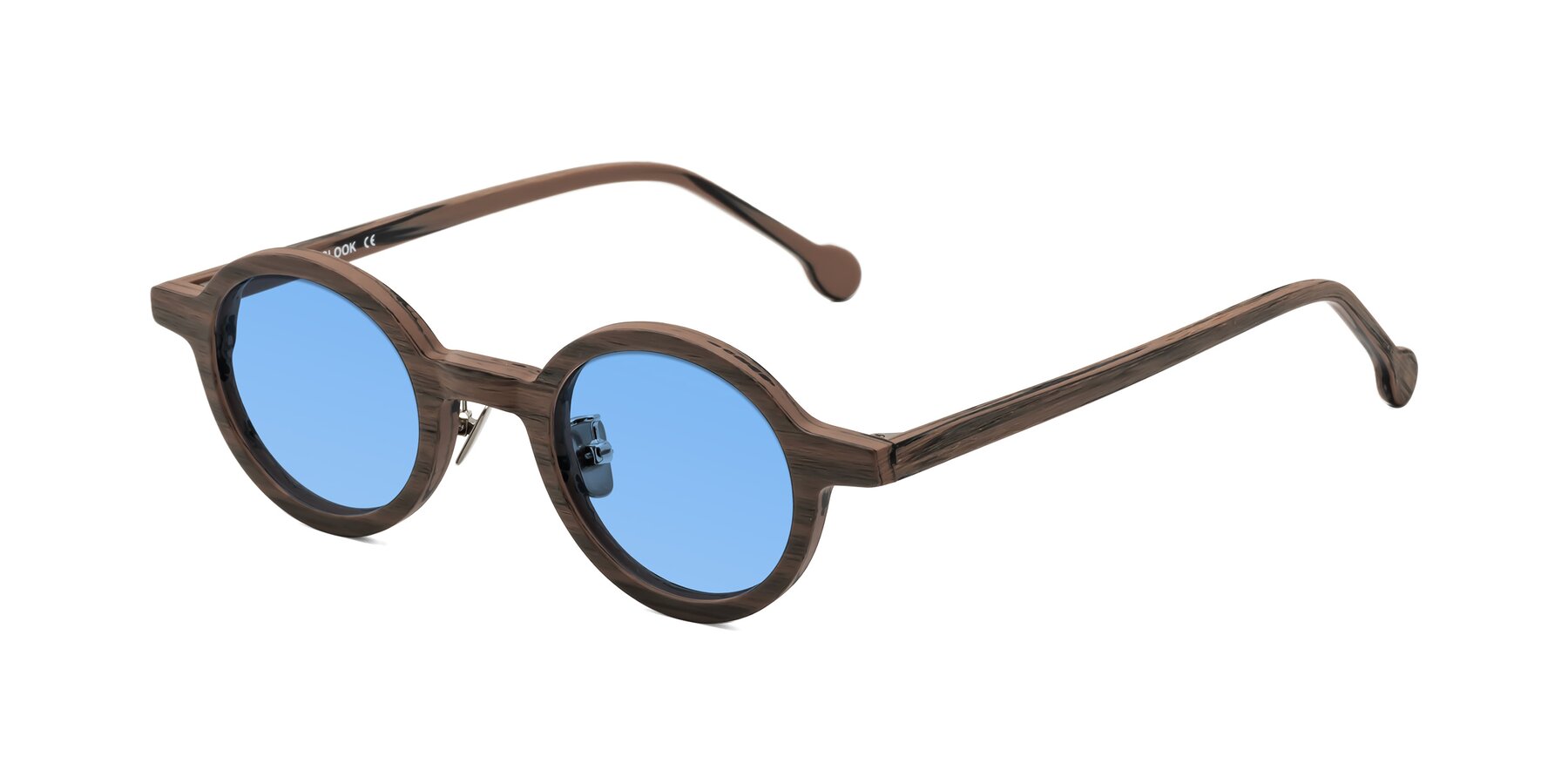 Angle of Timber in Burnt Tan Woodgrain with Medium Blue Tinted Lenses