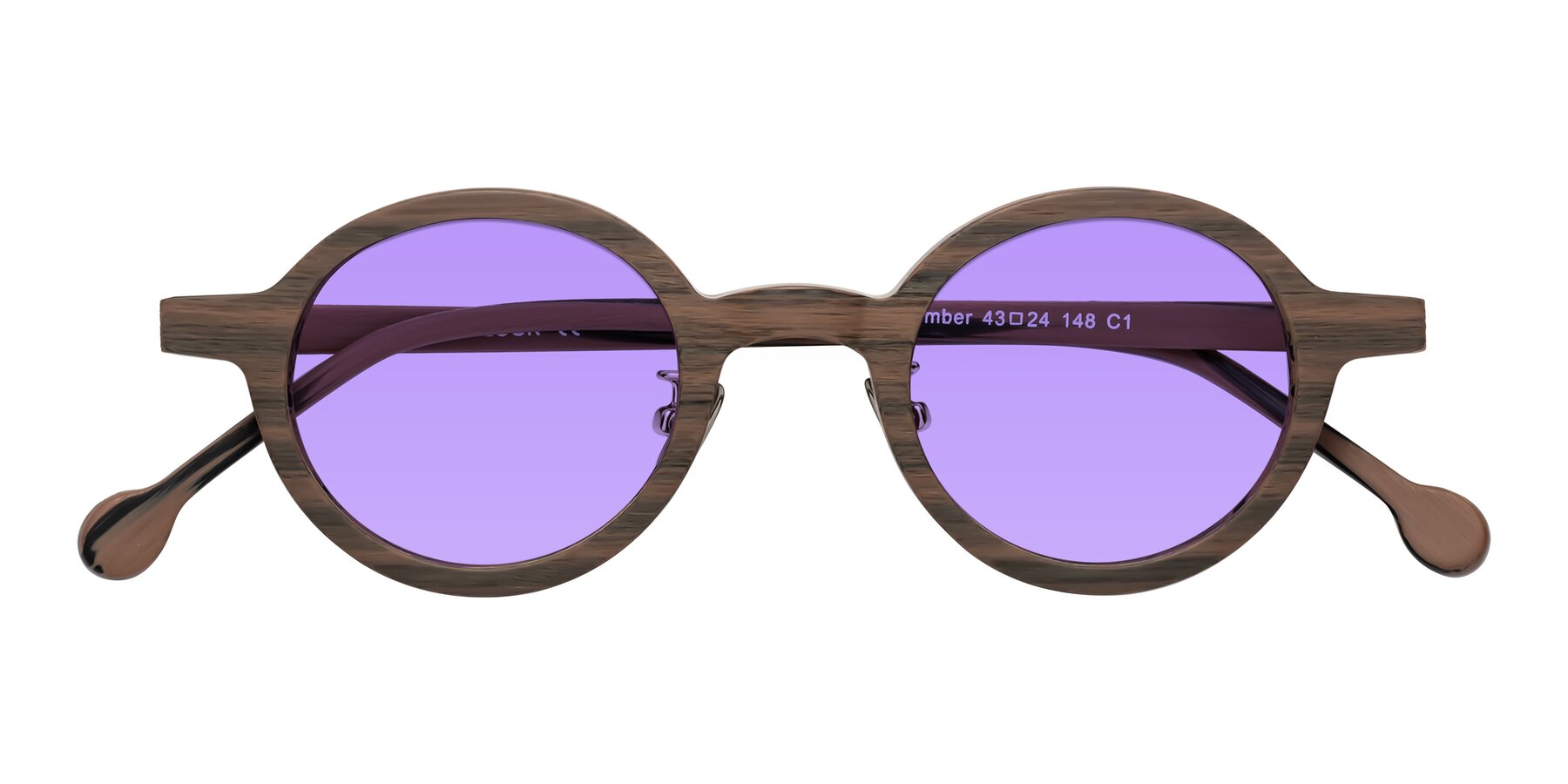 Folded Front of Timber in Burnt Tan Woodgrain with Medium Purple Tinted Lenses