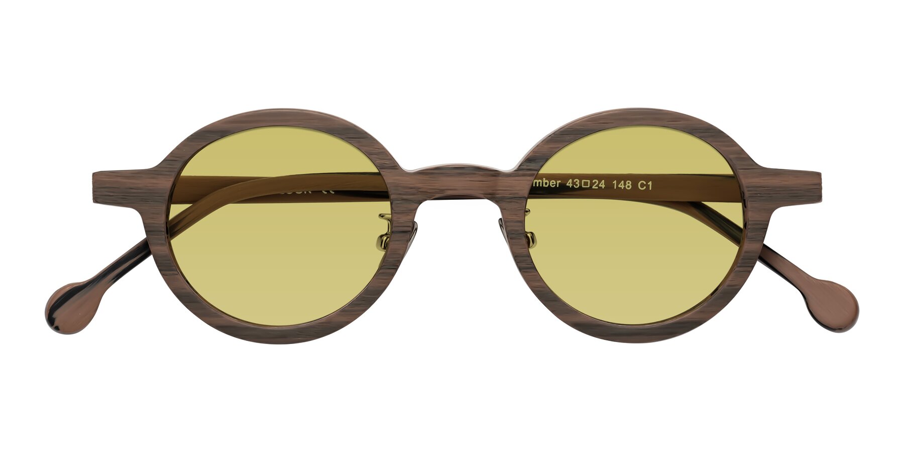 Folded Front of Timber in Burnt Tan Woodgrain with Medium Champagne Tinted Lenses