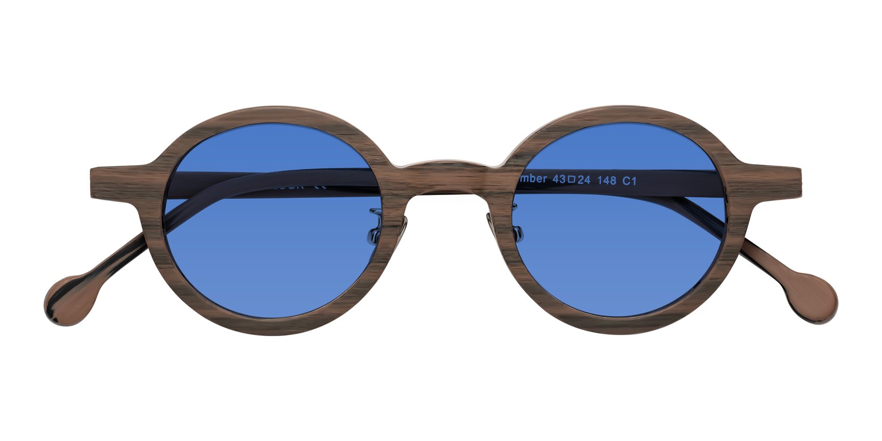 Folded Front of Timber in Burnt Tan Woodgrain with Blue Tinted Lenses