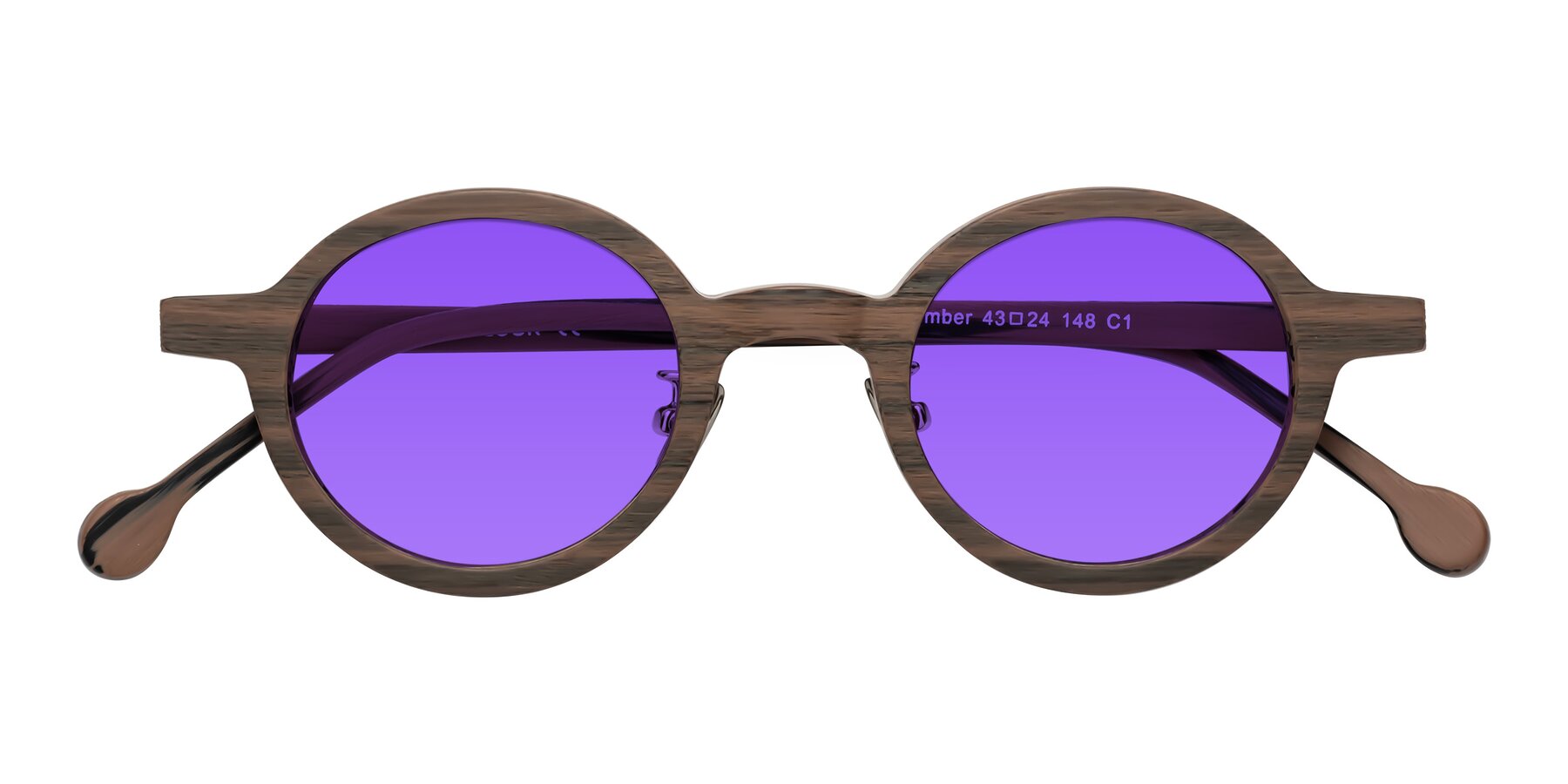 Folded Front of Timber in Burnt Tan Woodgrain with Purple Tinted Lenses