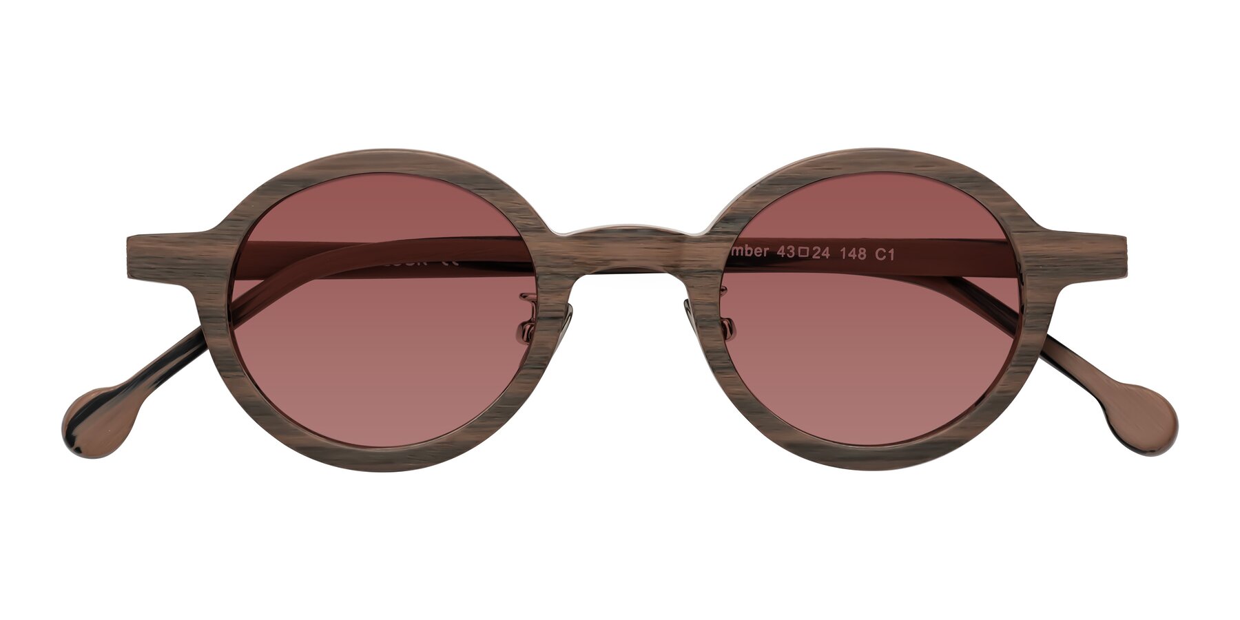 Folded Front of Timber in Burnt Tan Woodgrain with Garnet Tinted Lenses