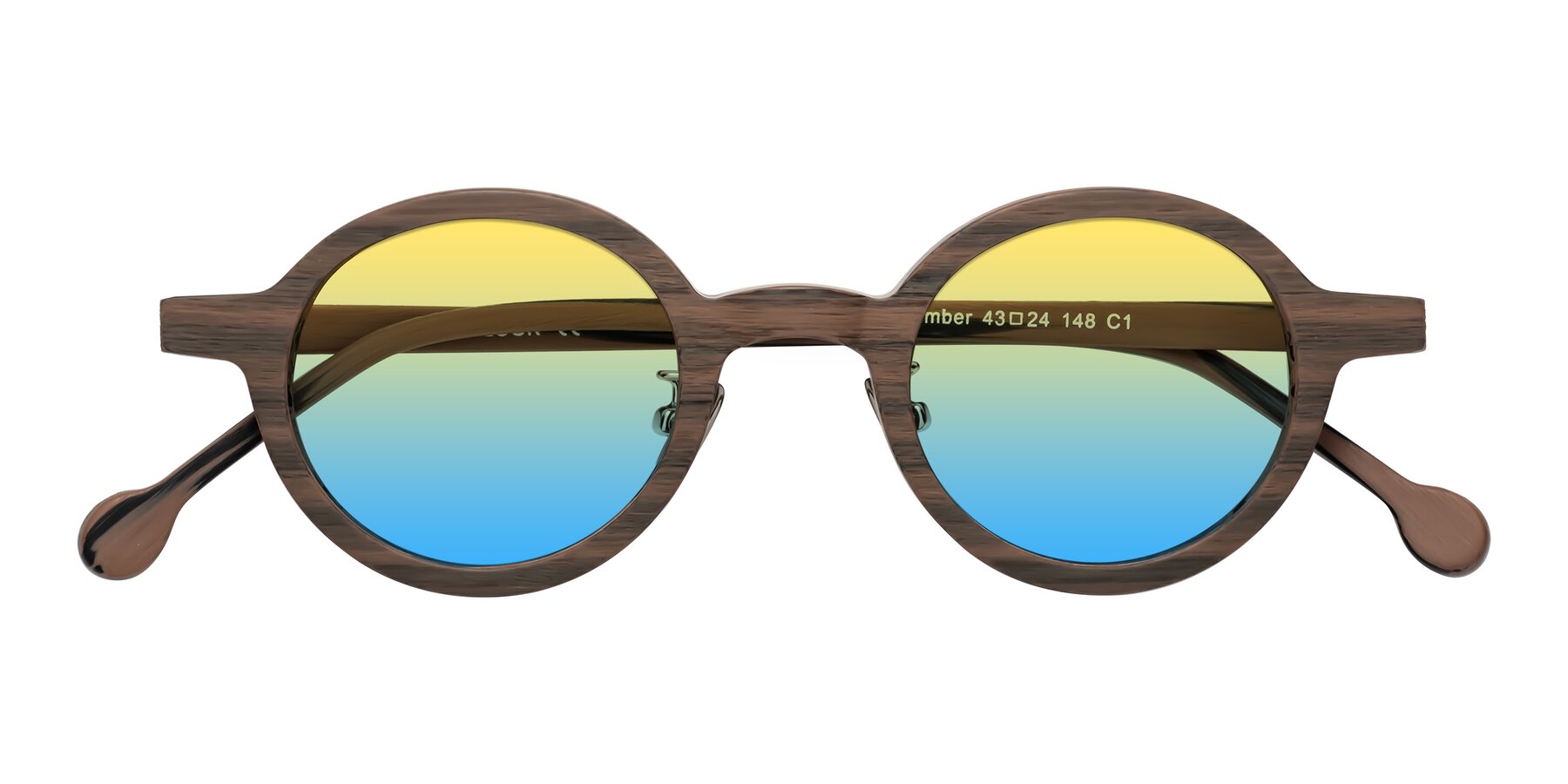 Folded Front of Timber in Burnt Tan Woodgrain with Yellow / Blue Gradient Lenses