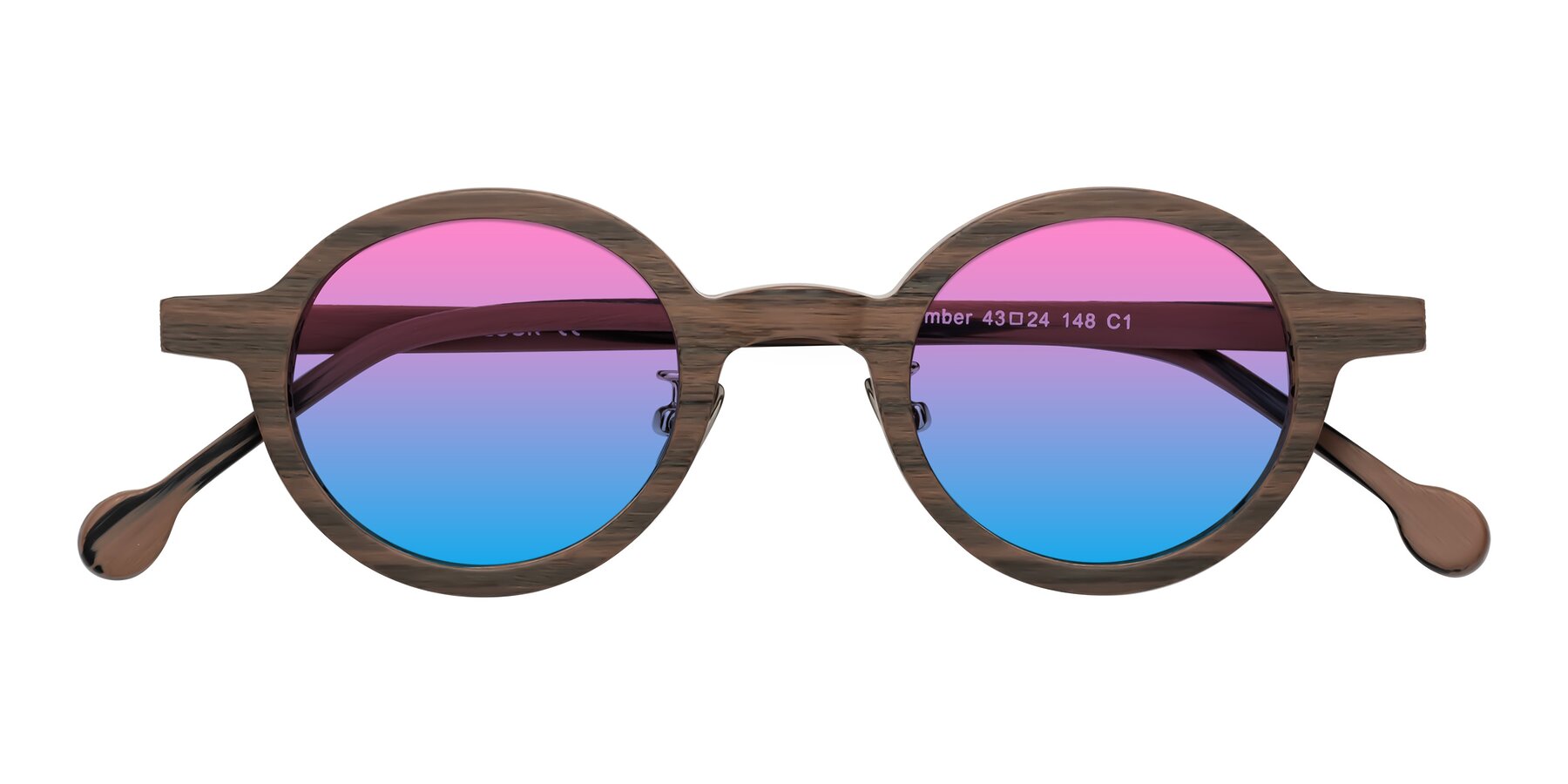 Folded Front of Timber in Burnt Tan Woodgrain with Pink / Blue Gradient Lenses