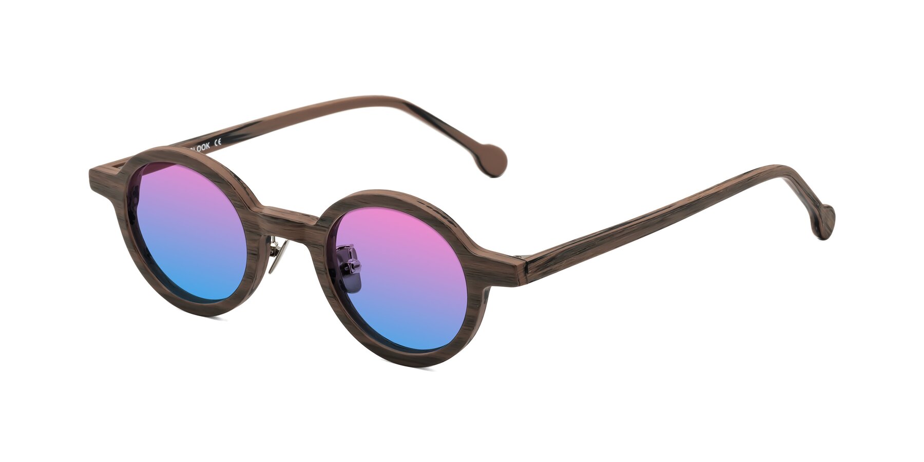 Angle of Timber in Burnt Tan Woodgrain with Pink / Blue Gradient Lenses