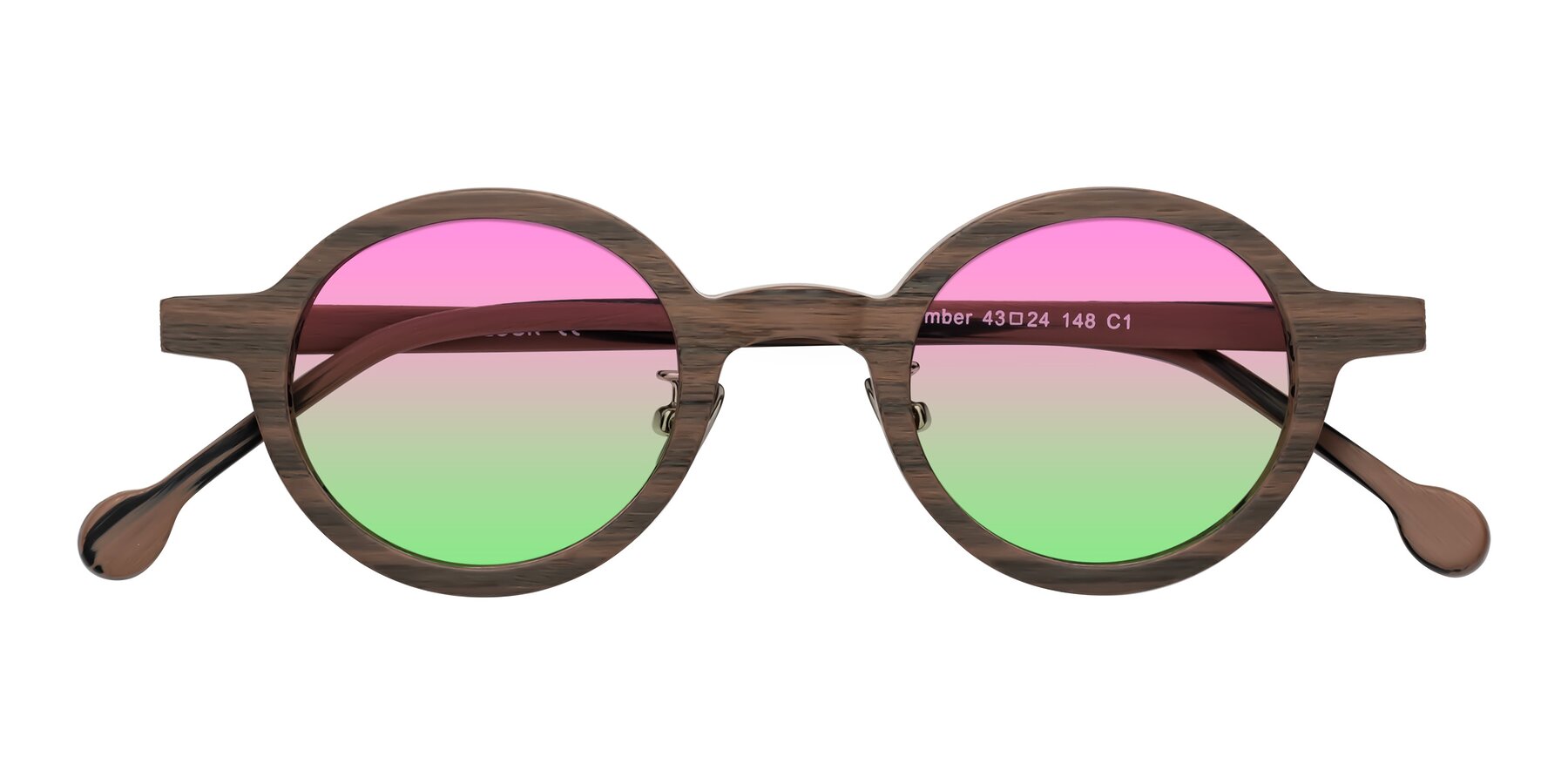 Folded Front of Timber in Burnt Tan Woodgrain with Pink / Green Gradient Lenses