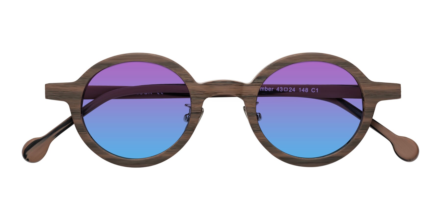 Folded Front of Timber in Burnt Tan Woodgrain with Purple / Blue Gradient Lenses