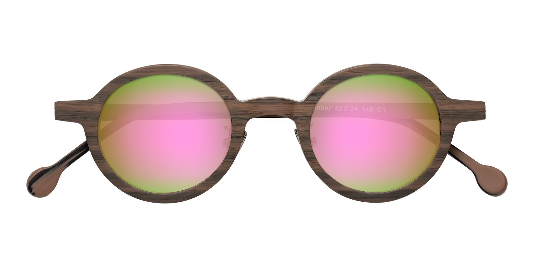 Folded Front of Timber in Burnt Tan Woodgrain with Pink Mirrored Lenses