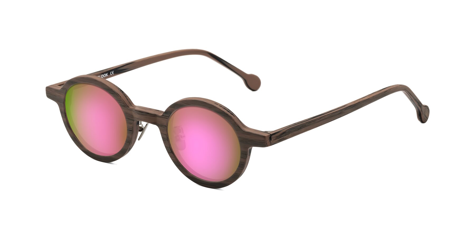 Angle of Timber in Burnt Tan Woodgrain with Pink Mirrored Lenses