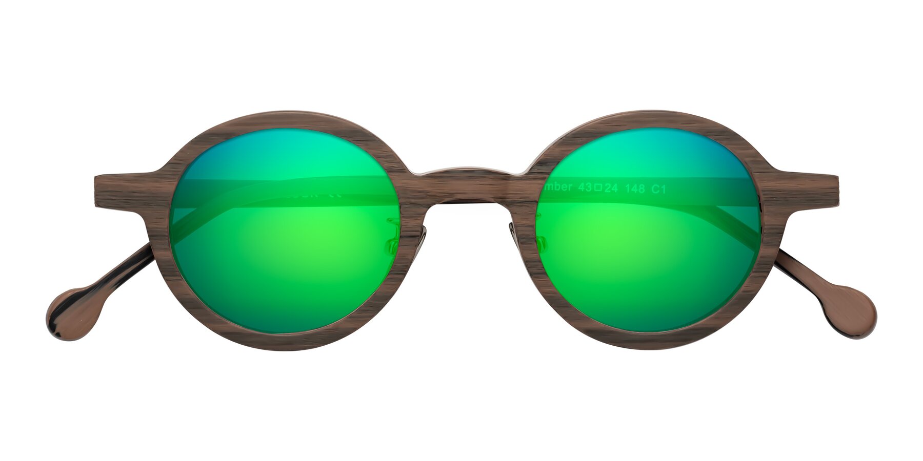 Folded Front of Timber in Burnt Tan Woodgrain with Green Mirrored Lenses