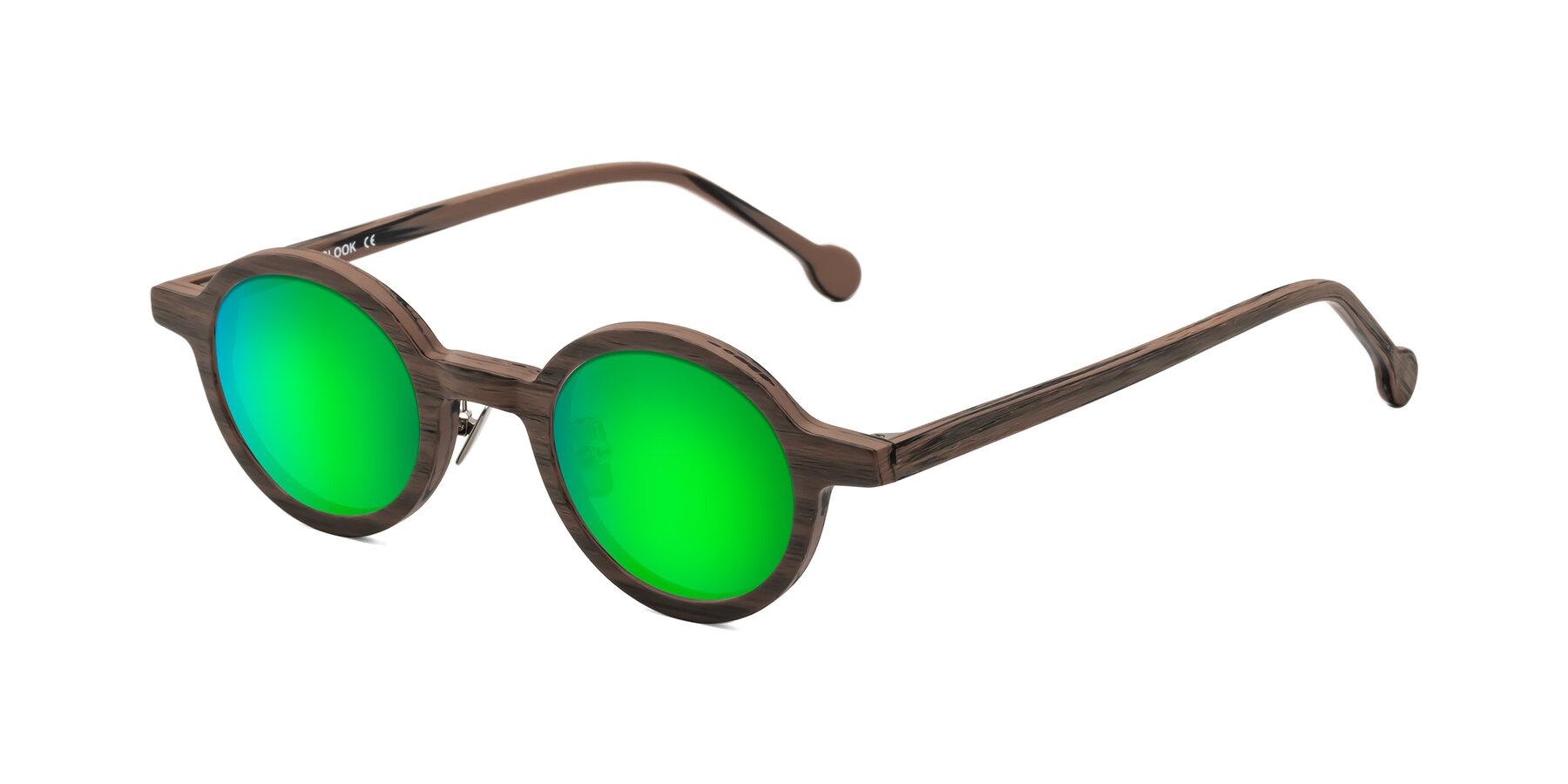 Angle of Timber in Burnt Tan Woodgrain with Green Mirrored Lenses